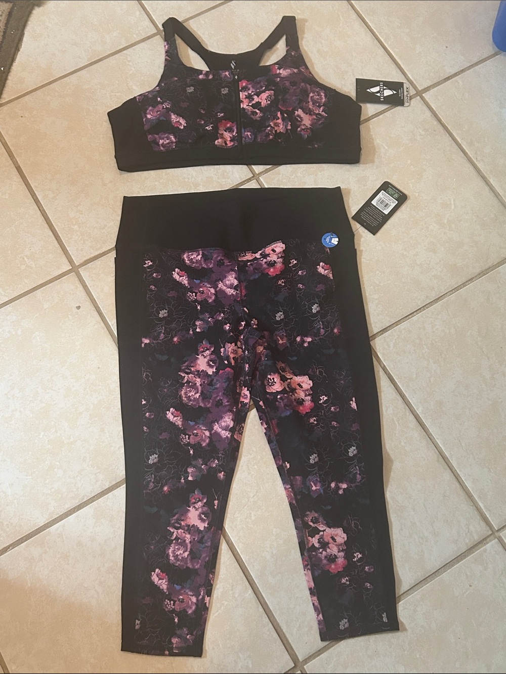 Skechers Black Leggings & Sports Bra Set with Pink and Purple Floral Print
